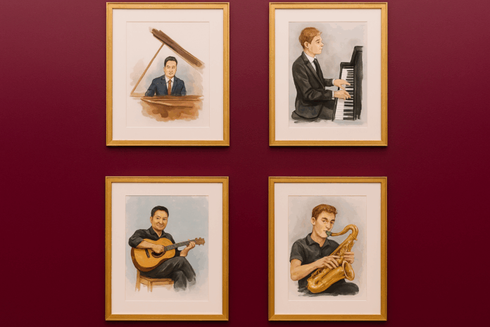 Bob Dylan's Extensive Visual Art Collection Unveiled in London Exhibition Four framed paintings of musicians playing instruments on a red wall.